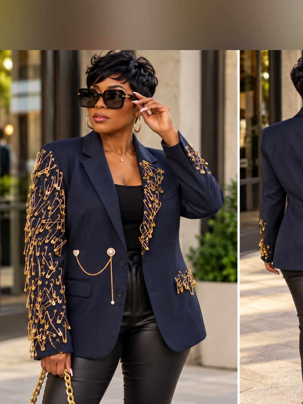Women's Navy Blazer with Gold Safety Pin Embellishments